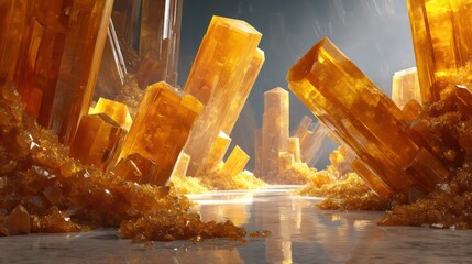 A surreal futuristic cavern of glowing sugar crystals towering like geometric structures, reflections glistening across syrup pools, ultra-detailed sharp
