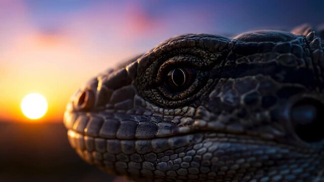 Close-up of a lizard's face scales eye animal reptile skin detail. Macro.