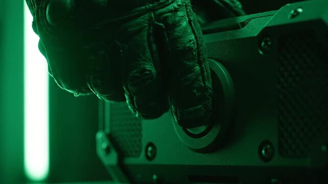 Hand interacts with portable speaker with button in green lit tech environment.