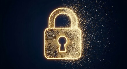 Glowing golden digital padlock with circuit board pattern and sparkling particles against a dark background, symbolizing security and technology