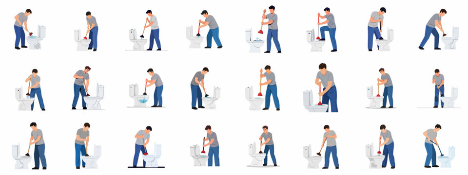 Collection of flat vector illustrations showing a man plunging a clogged toilet, demonstrating steps for home plumbing maintenance and repair.