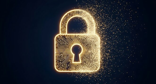 Glowing golden digital padlock with circuit board pattern and sparkling particles against a dark background, symbolizing security and technology - Powered by Adobe