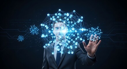 Man in a suit interacting with a glowing blue network of interconnected nodes and particles, representing ai and data visualization