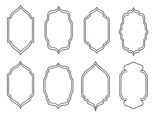 Set of line frame of Ramadan Kareem and Eid Mubarak in geometric style. Oriental linear elements, sign, symbols, shape, vector modern illustration.