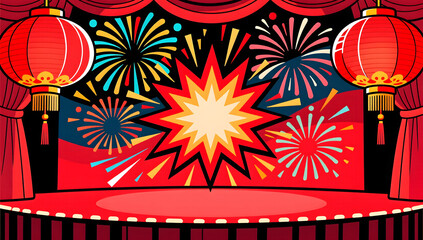 Pop art style exaggerated red lanterns on a dynamic stage