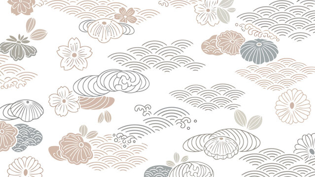 Minimalist Japanese Pattern with Traditional Waves and Cherry Blossom Outlines.