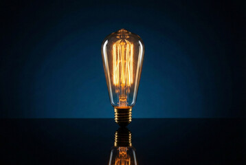 Glowing vintage Edison light bulb standing on black surface against dark blue background representing idea and creativity concept