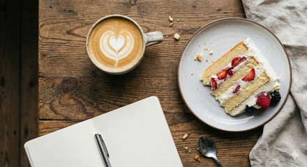 Top view of strawberry sponge cake piece, cup of coffee latte and open blank notebook with pen on wooden table