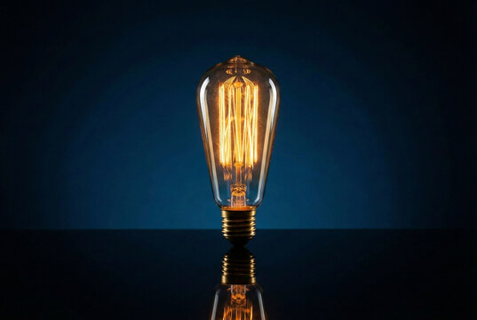Glowing vintage Edison light bulb standing on black surface against dark blue background representing idea and creativity concept - Powered by Adobe