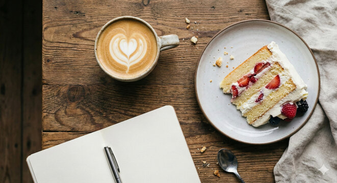 Top view of strawberry sponge cake piece, cup of coffee latte and open blank notebook with pen on wooden table - Powered by Adobe