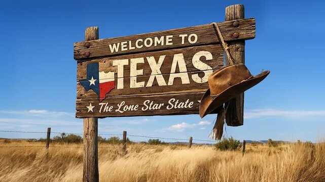 Welcome to Texas Lone Star State Sign with Cowboy Hat Under Blue Sky
