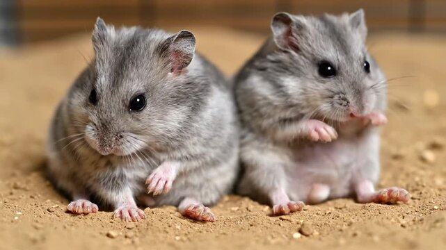 Two cute gray hamsters on sand. Rodents, pets, adorable animals close up.