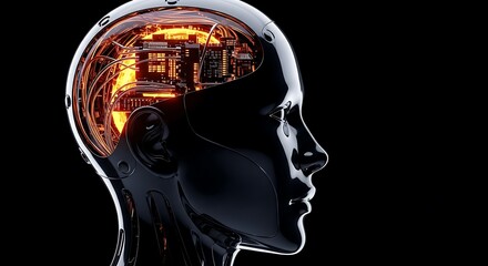 Profile of a sleek, dark robot head with glowing orange circuitry visible inside the transparent cranium, representing artificial intelligence