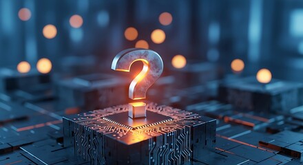 A glowing metallic question mark sits on a futuristic circuit board with bokeh lights in the background, symbolizing mystery and technology