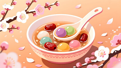 Colorful glutinous rice balls with red dates for Winter Solstice