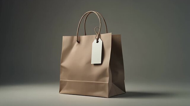 A Paper Shopping Bag with Twine Handles and a Blank Tag Stands Against a Neutral Background Studio Lighting