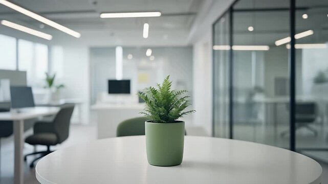 A Lush Green Potted Fern Plant Sits On A Round White Table In A Bright Modern Office Environment