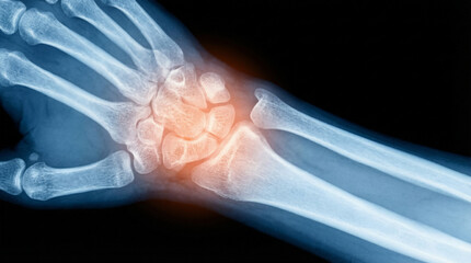 Wrist X-ray Showing Human Hand and Forearm Bones with Highlighted Pain and Inflammation, a Common Medical Issue