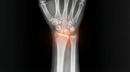Medical X-ray Image of a Human Wrist, Clearly Showing Bone Structure and a Highlighted Area of Potential Injury