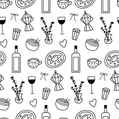 Seamless pattern of wine glasses, bottles, coffee, and culinary doodles in a simple hand drawn style. Perfect for menu backgrounds, wine bar decor, packaging.