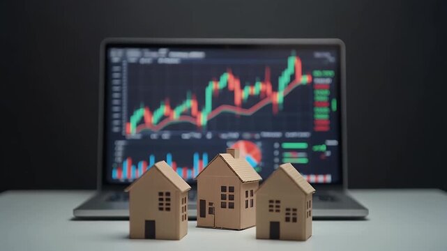 Cardboard Houses Sit Before Laptop Displaying Stock Market Graph With Upward Trend