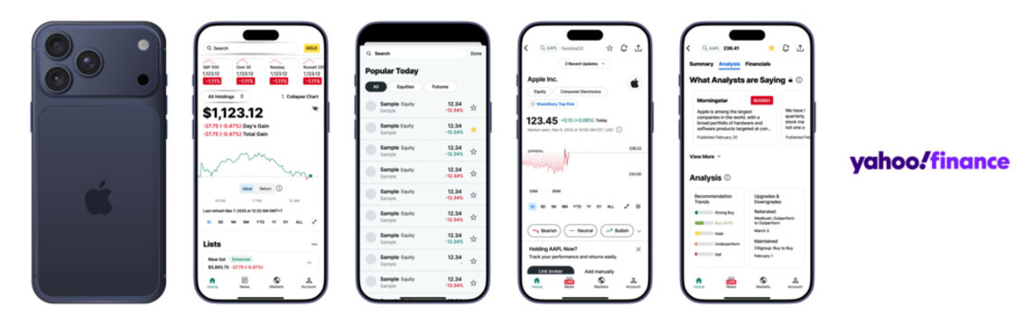 Yahoo Finance Mobile App Interface on Smartphone
Yahoo Finance Stock Market Dashboard and Financial Analysis UI
