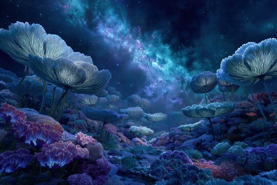 Un jard&iacute;n alien&iacute;gena submarino iluminado por la V&iacute;a L&aacute;ctea.