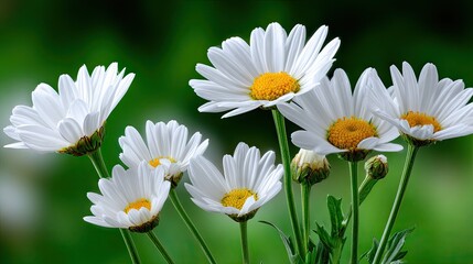 Close up of white daisy flowers with yellow centers on green stems