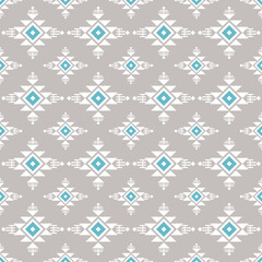 Modern geometric tribal seamless pattern, grey and white aztec diamond motif with turquoise accents, southwestern ethnic vector background