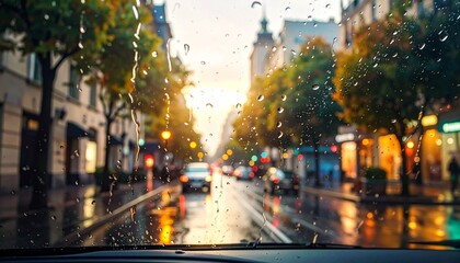 View through rain‑covered window with raindrops on glass, blurred urban street scene outside with trees and buildings