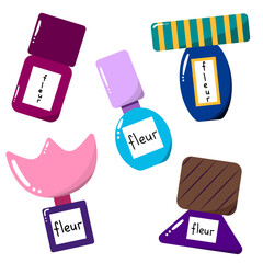 Set of blue perfume bottles. Fashion bottles for cosmetics.