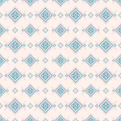 Pastel pink and teal geometric diamond seamless pattern, ethnic southwestern style ornament with tribal motif on light background