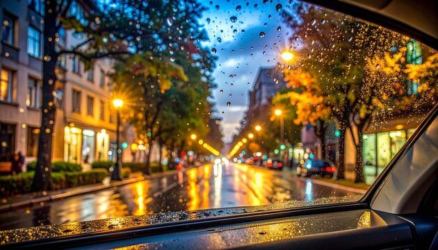 View through rain‑covered window with raindrops on glass, blurred urban street scene outside with trees and buildings - Powered by Adobe