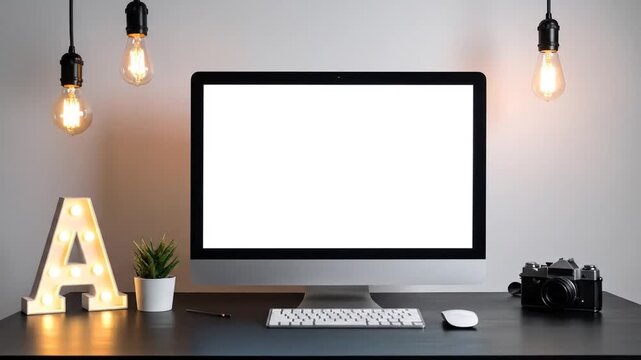 Desk setup with illuminated 'A', desk plant, vintage camera, keyboard and a computer with bright light
