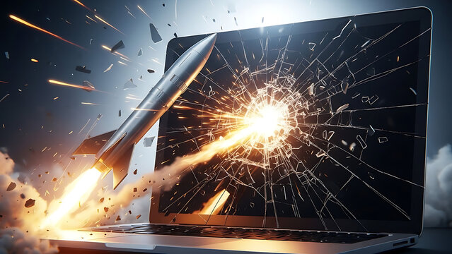 A rocket crashes into a laptop causing a massive explosion and destruction