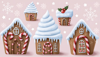 Festive Gingerbread Houses and Cupcakes with Snow and Holly Decorations.