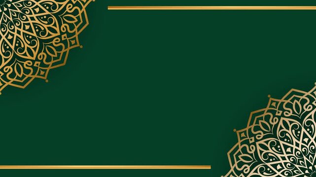 Elegant Green Background with Golden Mandala Ornaments and Lines.