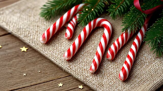 Candy cane arrangement under pine branches on burlap with glittering stars