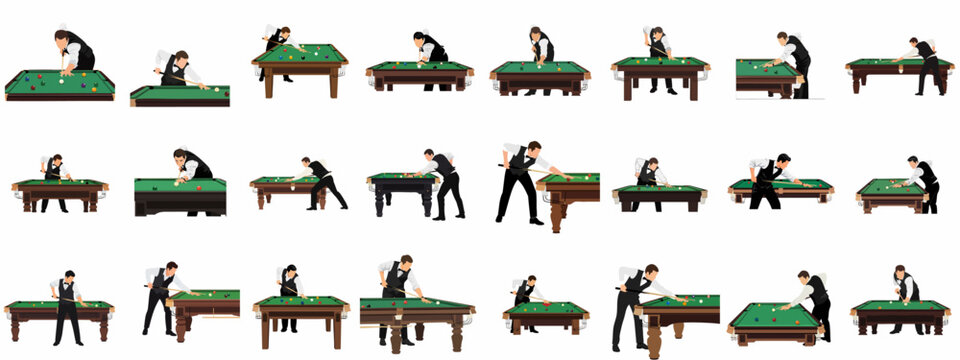 Collection of vector illustrations showing players engaged in billiards and pool games, featuring various poses, shots, and angles on green cue sports tables.