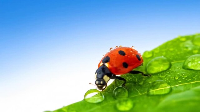 A ladybug rests on a wet, green leaf, with water droplets, against a blue and white sky