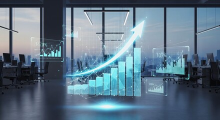 3D Business Graph Visualization with Arrow Highlight in Modern Office