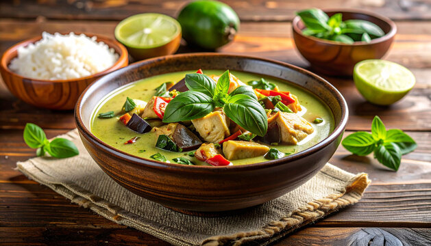 Gaeng Keow Wan (Thai green curry) on wooden background
