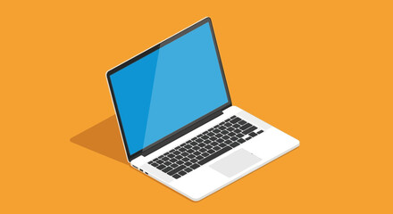 A modern white laptop with a blue screen and black keyboard is shown in an isometric perspective against a vibrant orange background