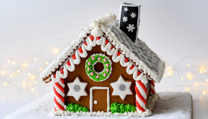 Decorated Gingerbread House with Christmas Wreath and Snow.