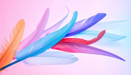 Naklejka premium Colorful feathers fanned on soft pastel gradient background