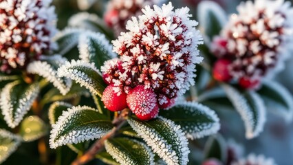 Macro shot of red berries and green leaves covered in thick white frost and ice crystals on a cold winter morning.