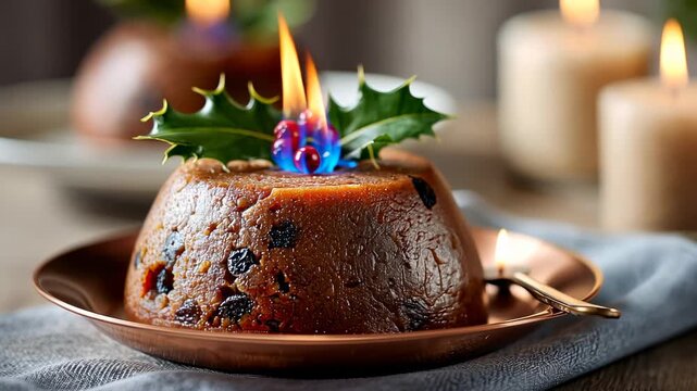 Festive christmas pudding with flaming brandy and holly decoration on rustic table setting