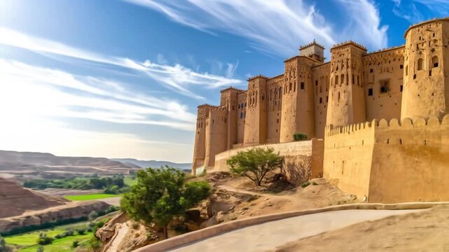 A sunlit adobe fortress with towers stands on a hilltop under a streaked, azure sky