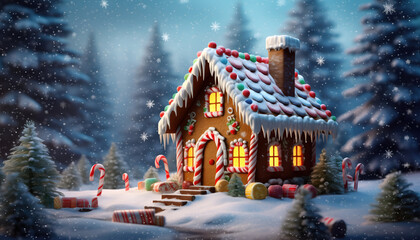 Enchanting Gingerbread House in a Snowy Winter Forest at Night.