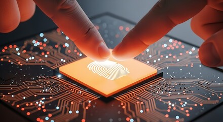 Fingers touching a glowing orange square chip with a fingerprint icon, representing biometric security and digital identity verification
